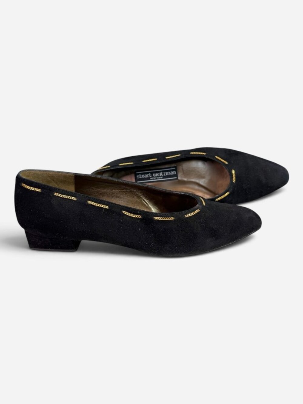 Stuart Weitzman Black Suede Low Heel Pumps with Gold Chain Detail Size 7